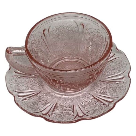 Pink Depression Glass Coffee Cups Saucers Cherry Blossom Jeannette Glass 3 Vtg - Picture 7 of 15